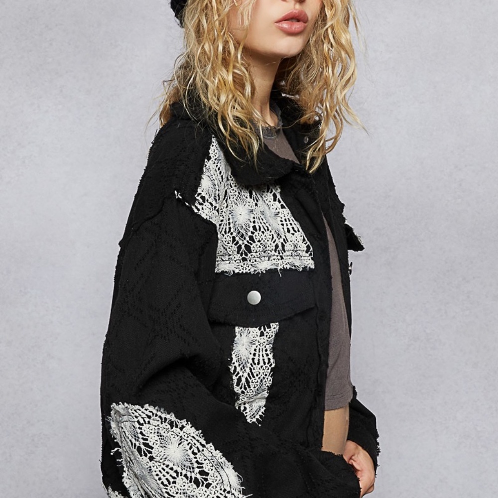 New POL Clothing Twill Jacket Shacket Embroidered Peace Floral Lace Button Down - Picture 6 of 8